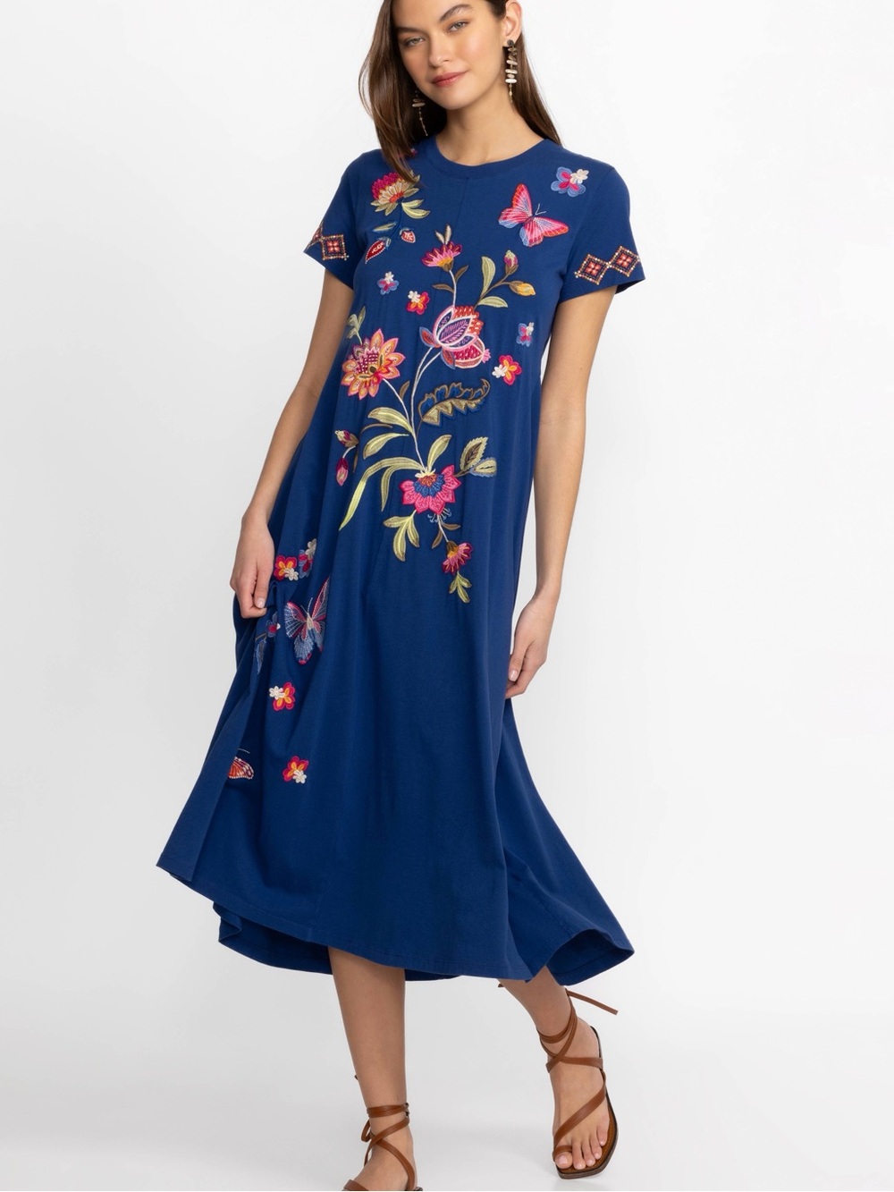 Johnny Was Gracey Crew Neck Swing Dress Sailor Blue Size Small